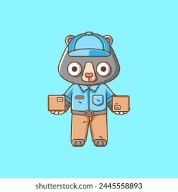 Cute bear courier package delivery animal chibi character mascot icon flat line art style illustration concept cartoon set collection
