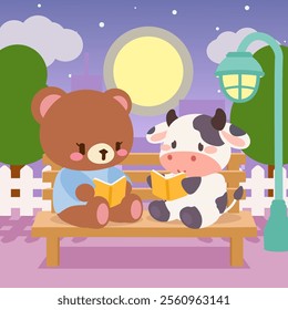 Cute bear and cow reading together under the moonlight. Kawaii animals enjoying a peaceful night with books.