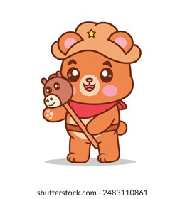 Cute Bear Cowboy Playing Horse Toy Cartoon Vector Icon Illustration. Animal Holiday Icon Isolated Premium Vector. Cartoon Style