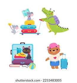 Cute Bear and Crocodile Traveler with Map and Suitcase Having Journey on Vacation Vector Set