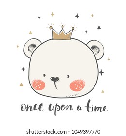 cute bear with crown.cartoon hand drawn vector illustration. Can be used for baby t-shirt print, fashion print design, kids wear, baby shower celebration greeting and invitation card.