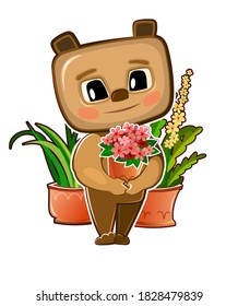 A cute bear cub asks for forgiveness and gives flowers. Guilty friendly expression. Good kid animal. Illustration for children. Isolated on white background. Vector
