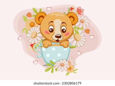 Cute bear cub in blue cup and flowers   hearts  cartoon style  Decorative design element for greeting card  mother's day  birthday  valentine's day  children's holiday  Vector illustration   