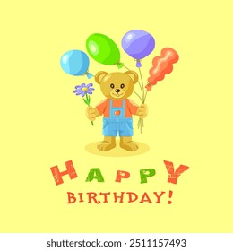 A cute bear cub in a blue jumpsuit and a red T-shirt stands with colorful balloons and a flower in his paw on a yellow square background with the inscription Happy BIRTHDAY. Vector illustration.