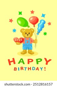 A cute bear cub in blue jumpsuit and red T-shirt holds heart and colorful balloons in its paws on yellow vertical background with stars with the inscription Happy Birthday to You.Vector illustration.