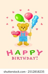 A cute bear cub in a blue jumpsuit and pink T-shirt holds a heart and colorful balloons in its paws and the inscription Happy Birthday to You pink vertical background with hearts. Vector illustration.