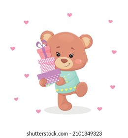 Cute bear cub in blue pullover carries three square gift boxes