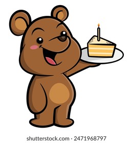 Cute Bear Cub Cartoon characters carrying a slice of birthday cake with candle. Best for sticker, logo, and mascot for bakery