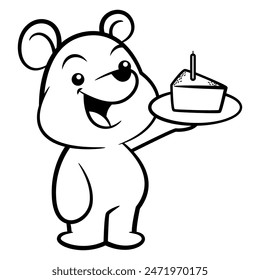 Cute Bear Cub Cartoon characters carrying a slice of birthday cake with candle. Best for outline, logo, and coloring book with food themes for kids