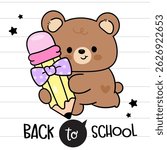 Cute Bear Cub Cartoon holding Pencil with Bow Coquette. Back to School Kids Kawaii Animals. Flat Illustration.