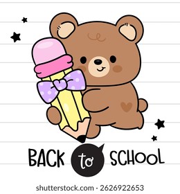 Cute Bear Cub Cartoon holding Pencil with Bow Coquette. Back to School Kids Kawaii Animals. Flat Illustration.
