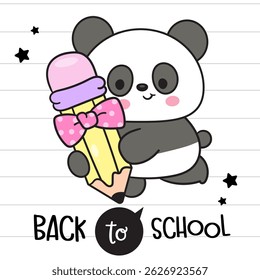 Cute Bear Cub Cartoon holding Pencil with Bow Coquette. Back to School Kids Kawaii Animals. Flat Illustration.