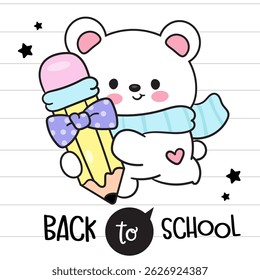 Cute Bear Cub Cartoon holding Pencil with Bow Coquette. Back to School Kids Kawaii Animals. Flat Illustration.