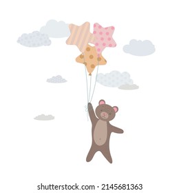 Cute Bear cub flies on balloons. Brown bear among the clouds. Balloons and airship. Children's illustration, Cute print, vector. Isolated on a white background.