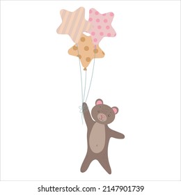 Cute Bear cub flies on balloons. Brown bear among the clouds. Balloons and airship. Children's illustration, Cute print, vector. Isolated on a white background.