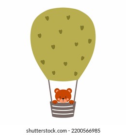 Cute bear cub is flying in air balloon. Vector isolated illustration. Poster to nursery. Decor of postcard.