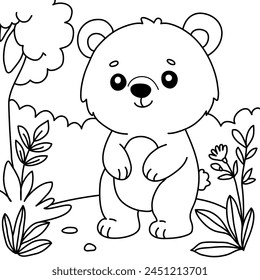 Cute bear cub in a forest clearing. Drawing for coloring. Vector outline illustration isolated on white background. Coloring book page for children.