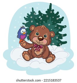 a cute bear cub with a friend bird on its paw, a spruce forest sits in the snow behind them, snow is falling