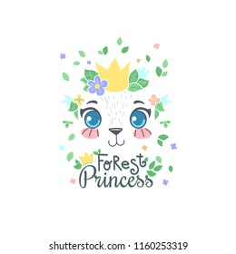 Cute bear cub girl with crown and wreath smiling. Forest princess vector hand drawn illustration. Print, invitation, baby shower, avatar, postcard, poster, greeting design.