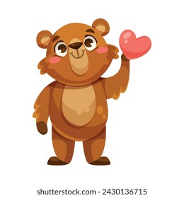 Cute Bear Cub with Heart for Valentine Day Vector Illustration