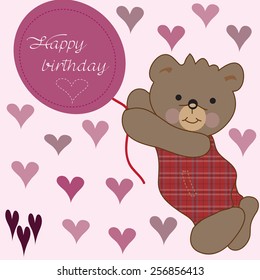 cute bear cub with hearts and a happy birthday balloon vector illustration