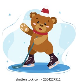 cute bear cub in a New Year's hat playing hockey, winter entertainment 