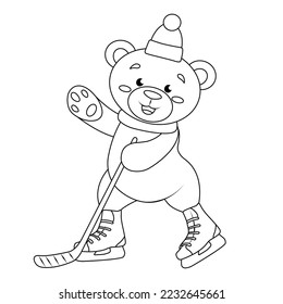 cute bear cub in a New Year's hat playing hockey, winter entertainment, line, sketch 