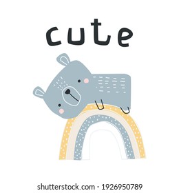 Cute bear cub on a rainbow on a white background. Vector illustration for printing on packaging paper, fabric, postcard, clothing. Cute children's background. 