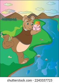 A cute bear cub runs to the river with a honey pot ,Eps 10 vector illustration.
