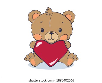 Un lindo oso cachorro se sienta y sostiene un gran corazón rojo. Un animal lindo para el Día de San Valentín. Ilustración vectorial para ducha de bebé de fondo blanco, diseño de dibujos animados planos