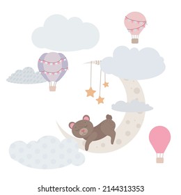 A cute bear cub sleeps on the moon. Animal on the moon. Balloons and airship. Children's illustration, Cute print, vector. Isolated on a white background.