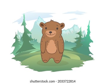 A cute bear cub standing on a forest lawn, a mountain landscape in the background. Vector illustration, isolated on white.