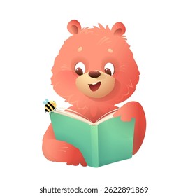 Cute Bear Cub Student Reading Book Educational Cartoon. Teddy Bear character holding open book elementary or preschool learning. Vector kindergarten animals reading cartoon illustration