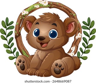 Cute bear cub surrounded by floral elements