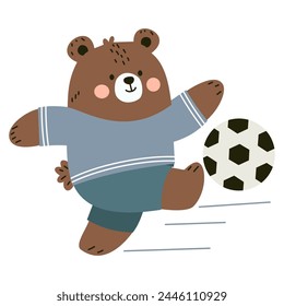 Cute bear cub in uniform playing soccer. Flat vector illustration in children's style on white background 