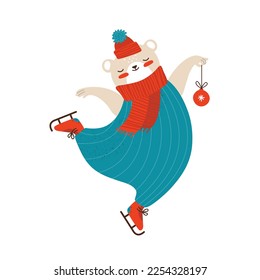 Cute bear cub in winter clothes is skating. Cartoon character of a funny animal in warm hat and scarf isolated on white background. New Year or Christmas. Hand drawn vector illustration