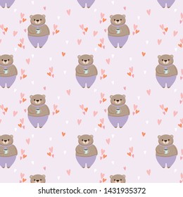 cute bear with cup cartoon seamless pattern