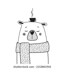 cute bear with cup of hot drink, vector clipart, kawaii illustration