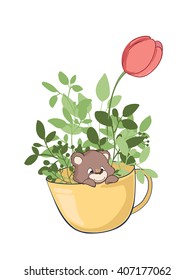 Cute bear in a cup illustration. Spring card.Cafe.Spring illustration.Poster. Happy teddy bear. vector illustration