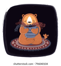 Cute bear with cup in lotus pose.