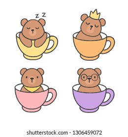 Cute bear in a cup of tea hand drawn cartoon collection
