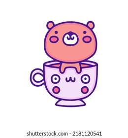 Cute bear with cup of tea illustration, with soft pop style and old style 90s cartoon drawings. Artwork fort shirt, patchworks; for kids clothes.