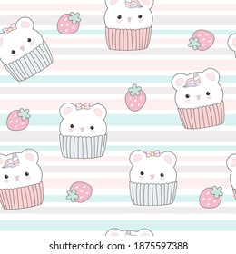 Cute bear cupcake with strawberry seamless pattern.