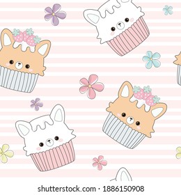 Cute bear cupcake with strawberry seamless pattern.