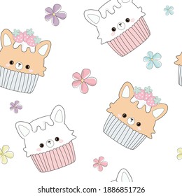 Cute bear cupcake with strawberry seamless pattern.