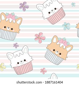 Cute bear cupcake with strawberry seamless pattern.
