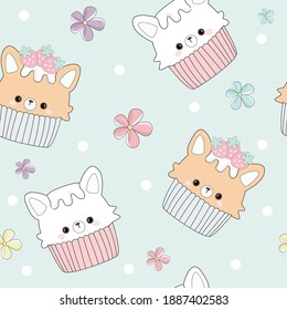 Cute bear cupcake with strawberry seamless pattern.