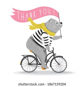 Cute bear cycling   thank you letter Circus show illustration  T  shirt graphics Animals vintage bikes  Cartoon character for children  Prints  greeting cards  textile artworks Vector illustration