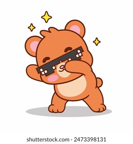 Cute Bear Dabbing With Swag Glasses Cartoon Vector Illustration. Animal Holiday Icon Isolated Premium Vector. Cartoon Style.