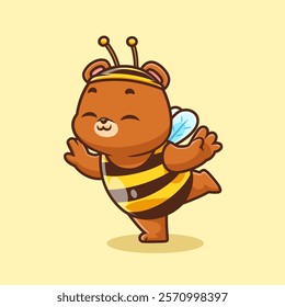 Cute Bear Dancing With Bee Costume Cartoon Vector Icon 
Illustration. Animal Nature Icon Concept Isolated Premium 
Vector. Flat Cartoon Style 